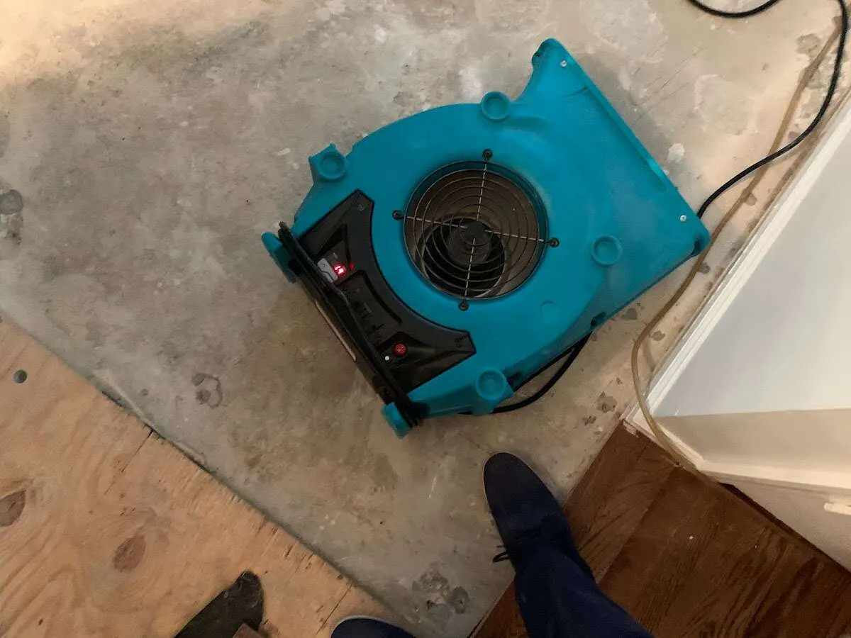 Air mover drying subfloor during Commercial Water Damage Restoration in Jackson